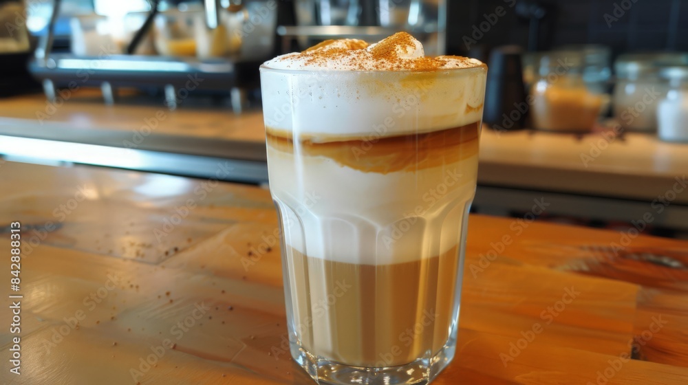 A caramel macchiato, with layers of milk, espresso, and caramel syrup. A caramel macchiato, with layers of milk, espresso, and caramel syrup.