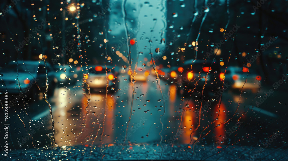 Obraz premium Urban Traffic Seen Through Rain-Speckled Car Windshield