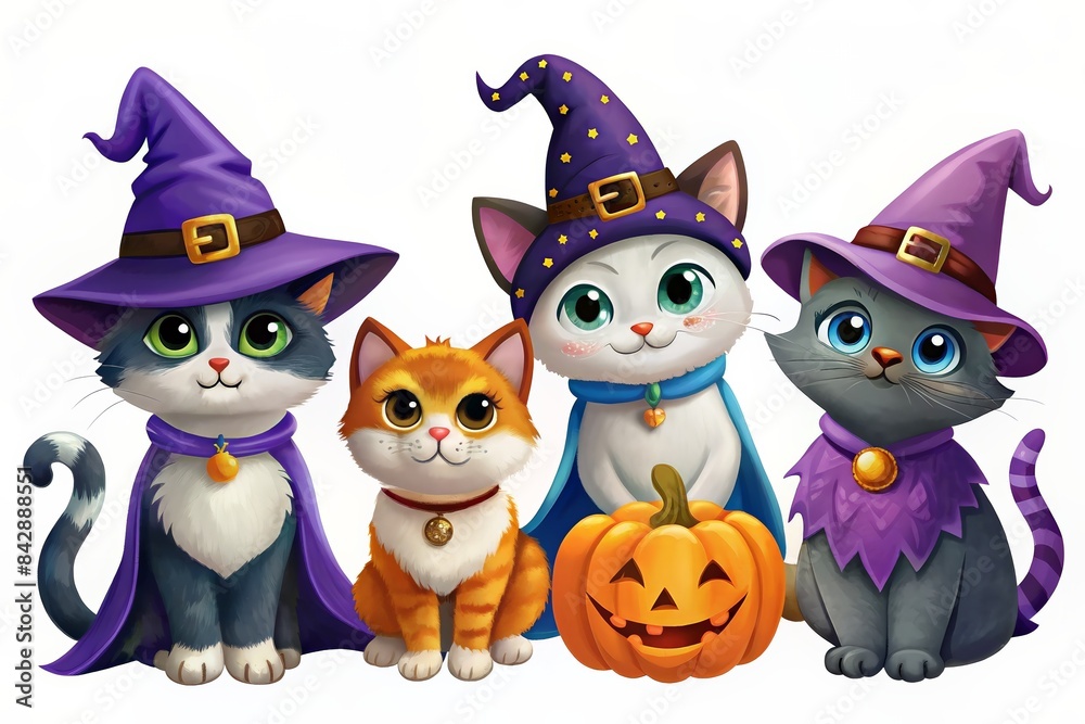 Cute cats dressed as witches for Halloween, sitting with a pumpkin. Cute cats dressed as witches for Halloween, sitting with a pumpkin.