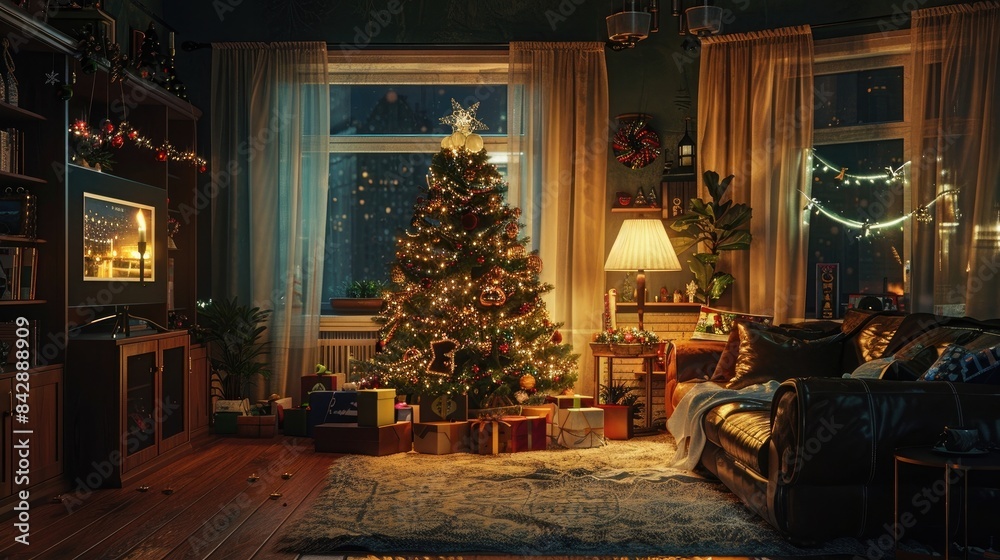 Christmas tree in a cozy living room.