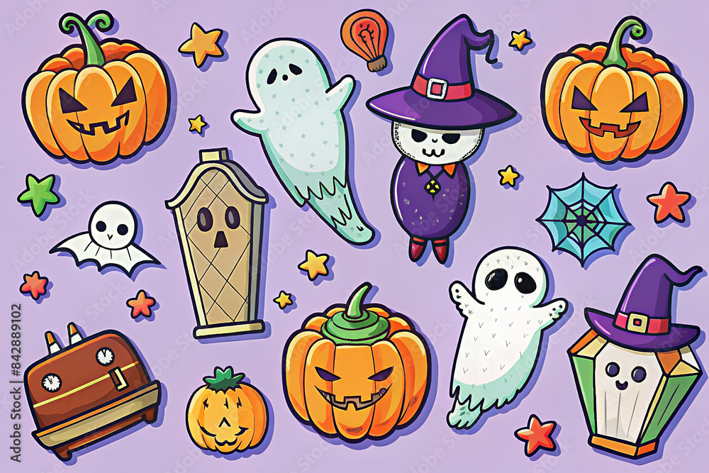 Cute Halloween stickers with ghosts, pumpkins, and playful characters. Cute Halloween stickers with ghosts, pumpkins, and playful characters.