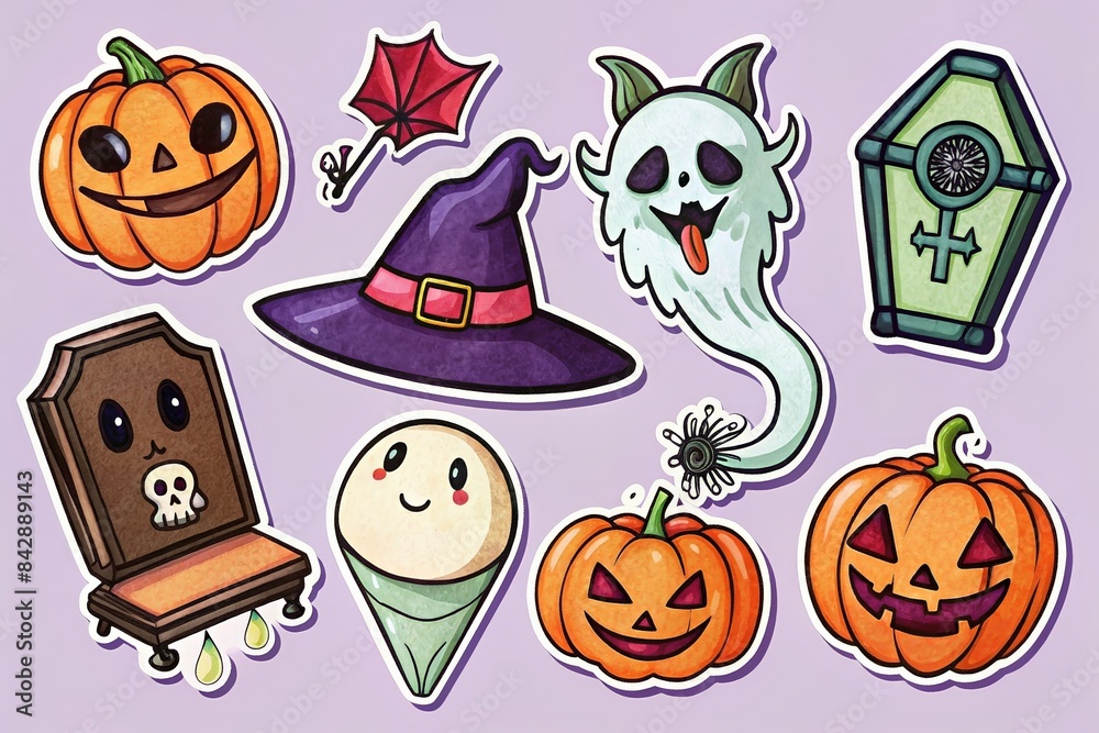 Halloween-themed stickers with cute ghosts, pumpkins, and bats.