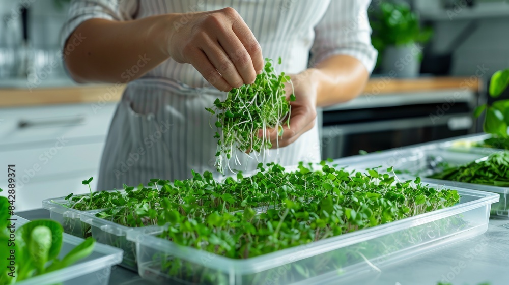 A woman harvesting fresh microgreens in a modern kitchen, emphasizing sustainable indoor farming A woman harvesting fresh microgreens in a modern kitchen, emphasizing sustainable indoor farming