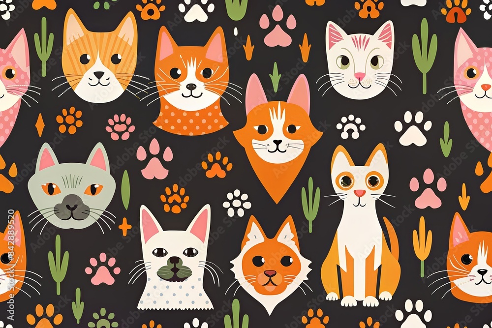 Pattern of cute cat faces with various plants and abstract elements. Pattern of cute cat faces with various plants and abstract elements.