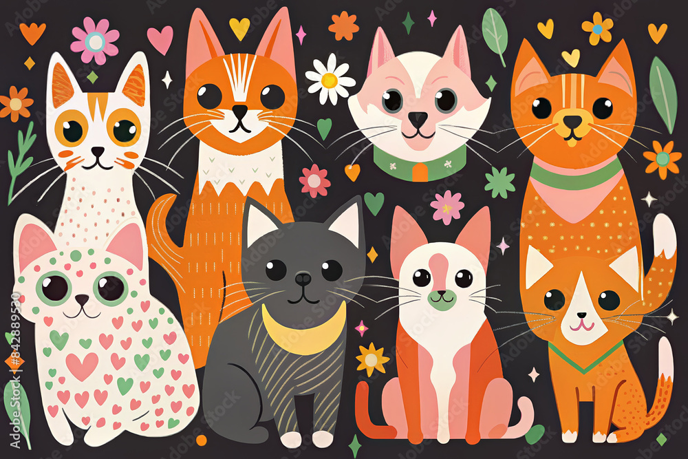 Group of cats with flowers and hearts on a dark background. Group of cats with flowers and hearts on a dark background.