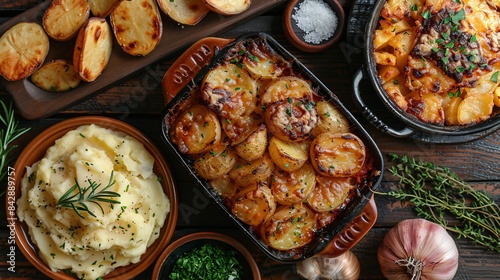 Top view of a potatoes cooked in different ways such as au gratin, wedges or dauphinoise arranged on elegant plates