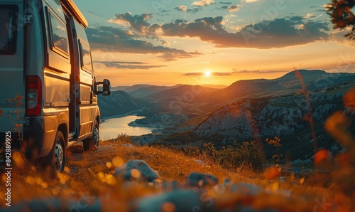 Golden sunset illuminating a camper van parked by a tranquil lake, surrounded by autumnal foliage and rugged hills, reflecting the essence of peaceful travel.