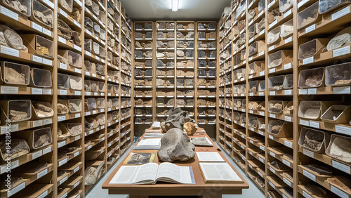 Storage room with cataloged fossils with labeled boxes and containers. Archeology career, anthropological finds, archeologist fieldwork material photo