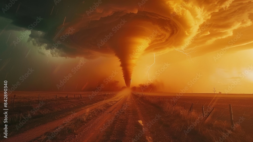 A dramatic apocalyptic scene with a massive tornado engulfing the horizon, set against a stormy sky with lightning, portraying nature's fierce power. A dramatic apocalyptic scene with a massive tornado engulfing the horizon, set against a stormy sky with lightning, portraying nature's fierce power.