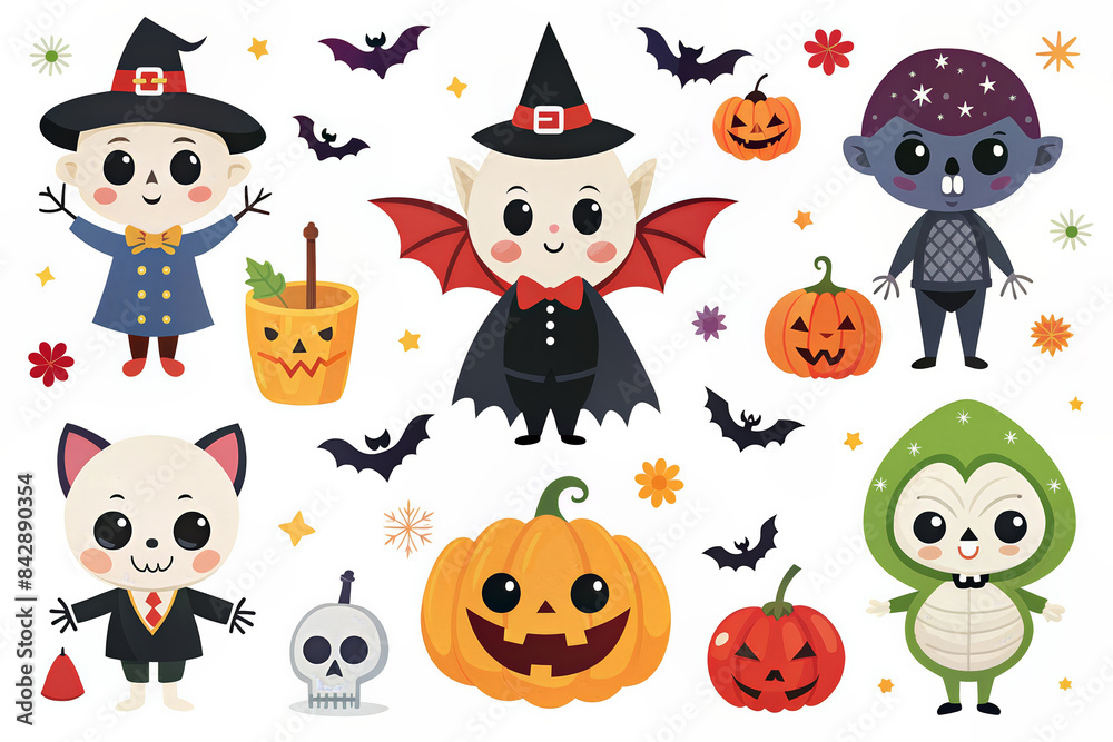 Cute Halloween-themed illustration with characters like a witch, bats, pumpkins, and more on a light background. Cute Halloween-themed illustration with characters like a witch, bats, pumpkins, and more on a light background.
