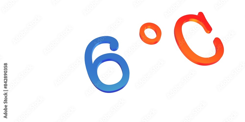Numeral six with a blue Celsius degree sign on a white background isolate. Temperature, weather, thermometer. Numeral six with a blue Celsius degree sign on a white background isolate. Temperature, weather, thermometer.