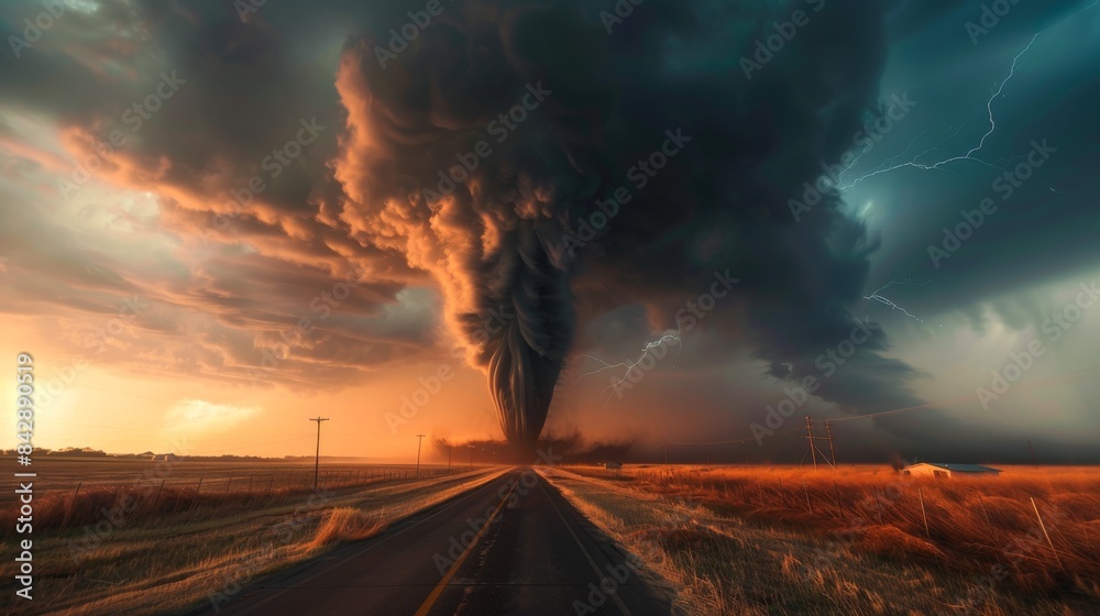 A dramatic apocalyptic scene with a massive tornado engulfing the horizon, set against a stormy sky with lightning, portraying nature's fierce power.