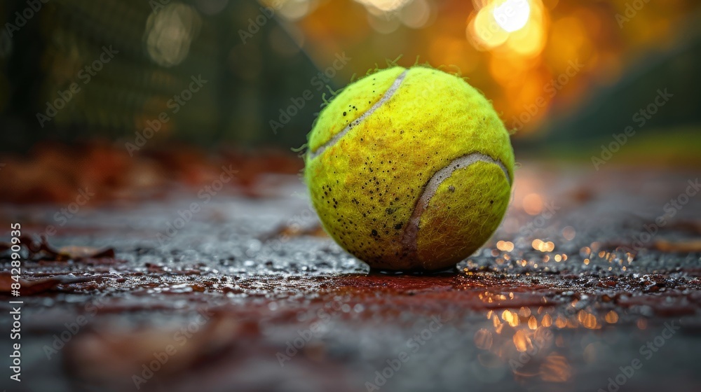 Close-up of a tennis ball on a textured court surface during sunset, highlighting the spirit of the game under enchanting evening light.

