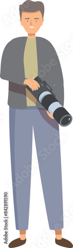 Smiling photographer holding a camera with a telephoto lens is ready for a photoshoot