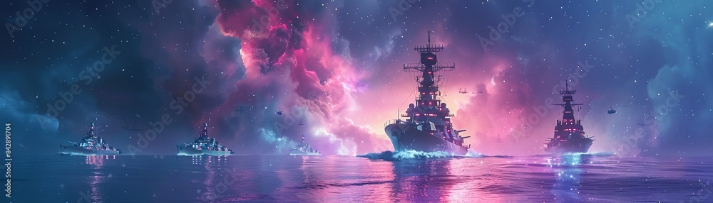 Hightech battleships moving through neonlit ocean waters under a starfilled sky, showcasing advanced maritime technology, Futuristic, Digital Illustration, Neon Hues, High Definition 8K , high-resolut Hightech battleships moving through neonlit ocean waters under a starfilled sky, showcasing advanced maritime technology, Futuristic, Digital Illustration, Neon Hues, High Definition 8K , high-resolut