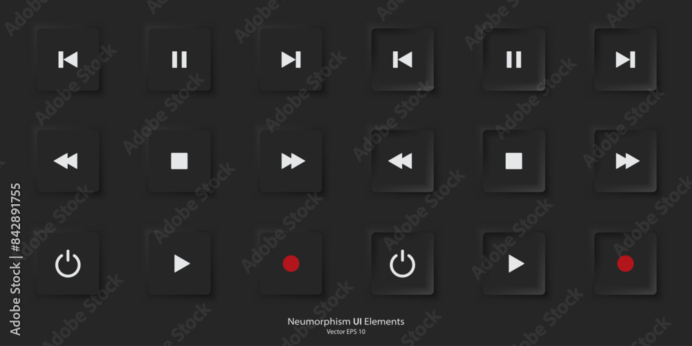 A set of black quare buttons with music play symbols. Play music icon. 3D Neumorphism design style for Websites, Interfaces, and mobile apps. UI UX. Vector illustration. A set of black quare buttons with music play symbols. Play music icon. 3D Neumorphism design style for Websites, Interfaces, and mobile apps. UI UX. Vector illustration.