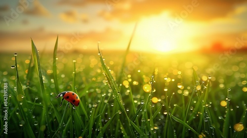 A field of green grass with dew in the foreground and a ladybug in the foreground. In the background, the moment the sun sets on the horizon. 