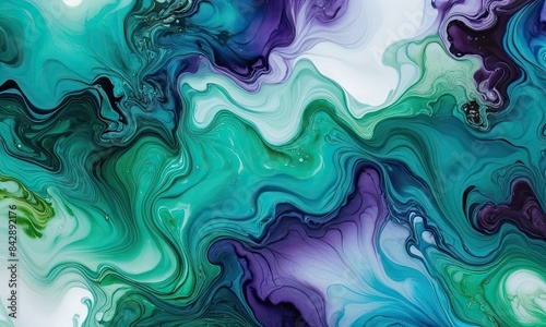 Abstract Swirling Green And Purple Paint Art Background