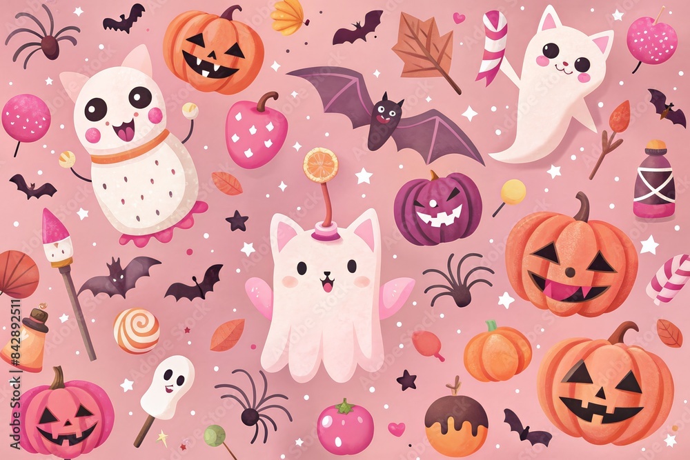 Cute and playful Halloween pattern with smiling ghosts, pumpkins, and candy on a pink background. Cute and playful Halloween pattern with smiling ghosts, pumpkins, and candy on a pink background.