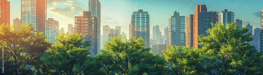 Obraz premium Urban landscape with a lush row of trees, capturing the blend of nature and city life, Modern, Digital Art, Bright Greens, Detailed 8K , high-resolution, ultra HD,up32K HD