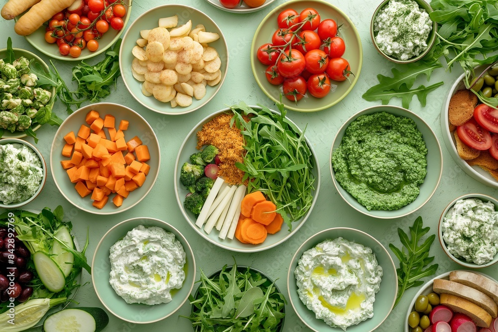 A variety of snacks in green plates served on a table with a green tablecloth. The plates contain greens and cheeses, pickled vegetables. View from above A variety of snacks in green plates served on a table with a green tablecloth. The plates contain greens and cheeses, pickled vegetables. View from above
