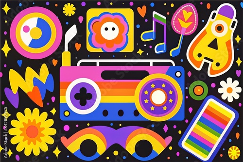 Bright and vibrant illustration featuring retro elements like a boombox  rainbows  flowers  and musical notes on a black background.