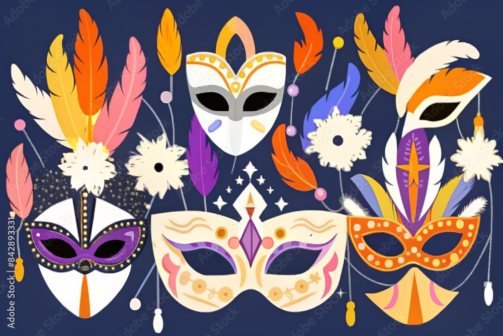 Colorful and festive illustration of carnival masks, musical notes, and party decorations.