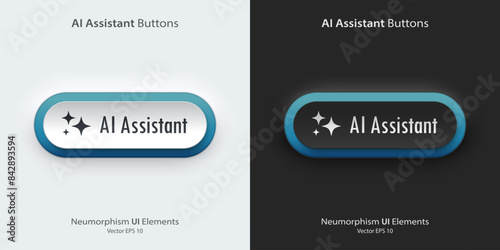 AI Assistant sign. A set of black and white buttons with AI assistant symbols. Icon in trendy neumorphic style. 3D Neumorphism design style for Apps, Websites, Interfaces, and mobile app. UI Ux.