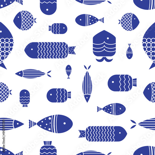 Cute blue fish. Sea background. Seamless pattern. Can be used in textile industry, paper, background, scrapbooking.
