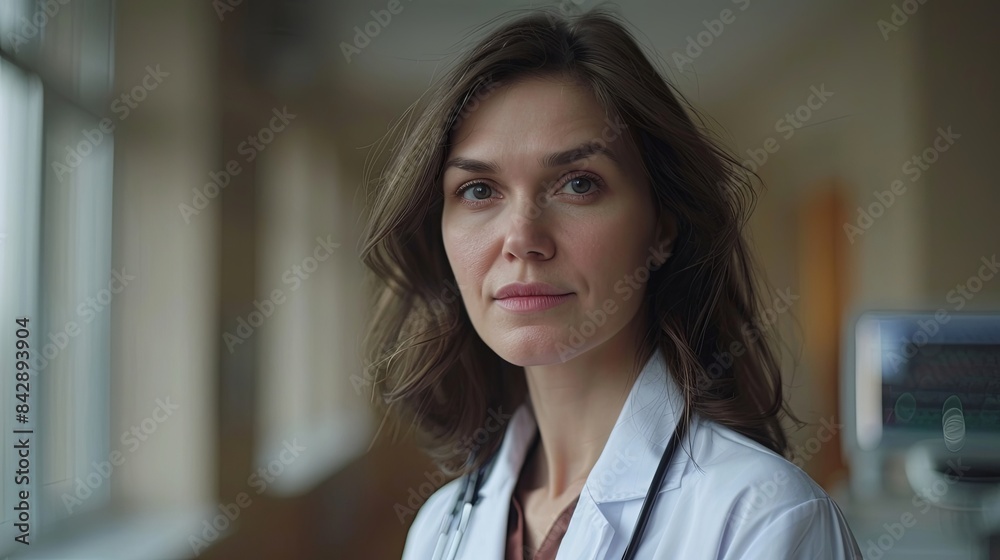 A female medic in a lab coat, in a hospital, looking at the camera A female medic in a lab coat, in a hospital, looking at the camera