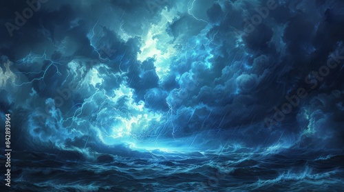 A fierce storm brews over the ocean, lightning illuminating the dark clouds. © Thirawat