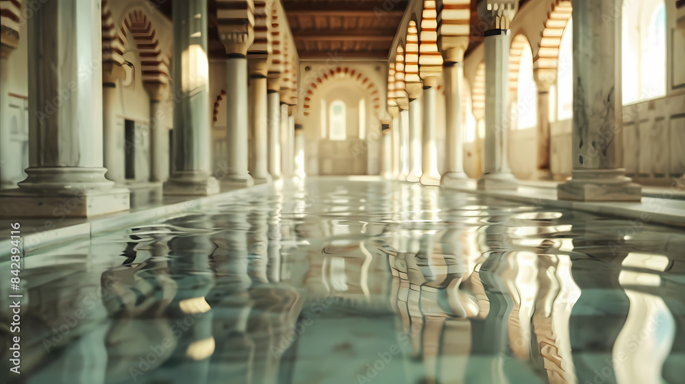 Fototapeta premium A long hallway with pillars and a large pool of water