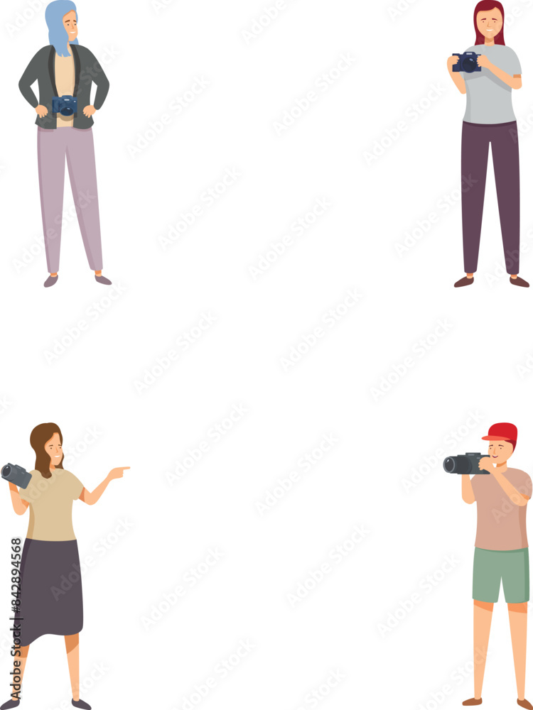 Set of diverse professional and hobbyist photographers cartoon characters in modern casual clothing with camera equipment, capturing moments and posing for photography, isolated on white background Set of diverse professional and hobbyist photographers cartoon characters in modern casual clothing with camera equipment, capturing moments and posing for photography, isolated on white background