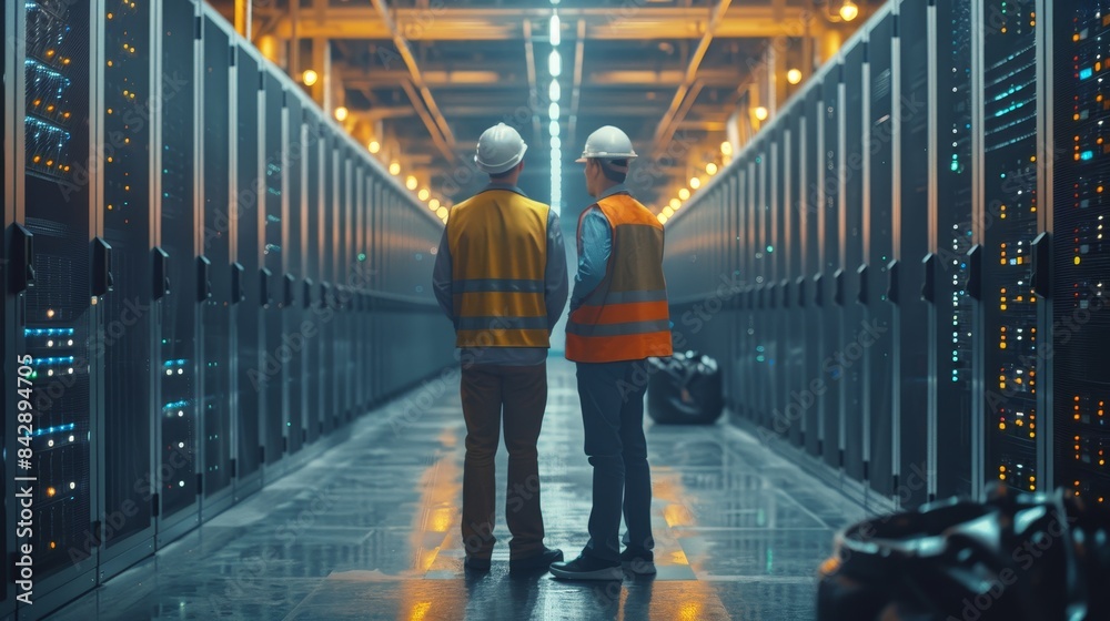 Obraz premium Two technicians in safety vests and hard hats inspect servers in a modern data center with glowing lights. Saver it digital