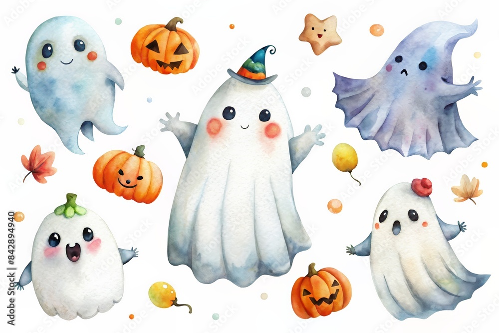 Adorable ghosts and jack-o'-lanterns in a colorful Halloween-themed illustration.