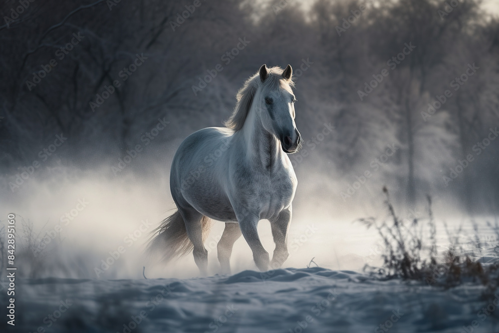 Fototapeta premium regal horse galloping through a snow-covered landscape, its breath forming misty clouds in the crisp winter air