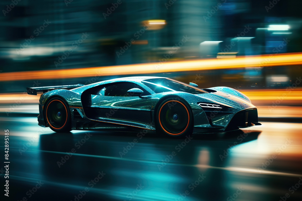 fast race car zooms on a track, lit by bright lights