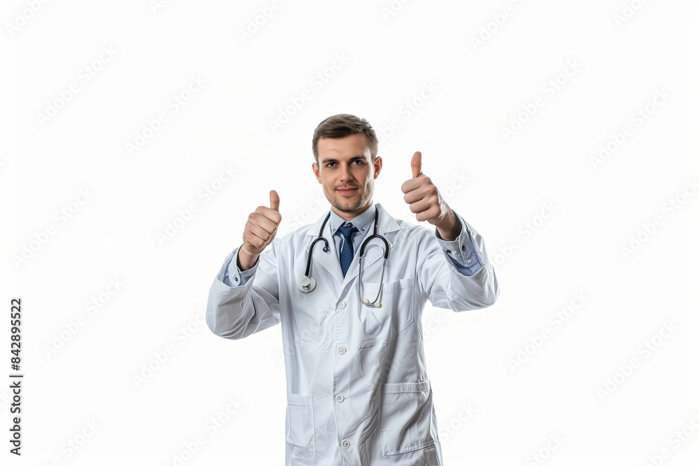 An experienced doctor in a white coat smiles against a white background, showing everything is fine, giving a thumbs-up An experienced doctor in a white coat smiles against a white background, showing everything is fine, giving a thumbs-up