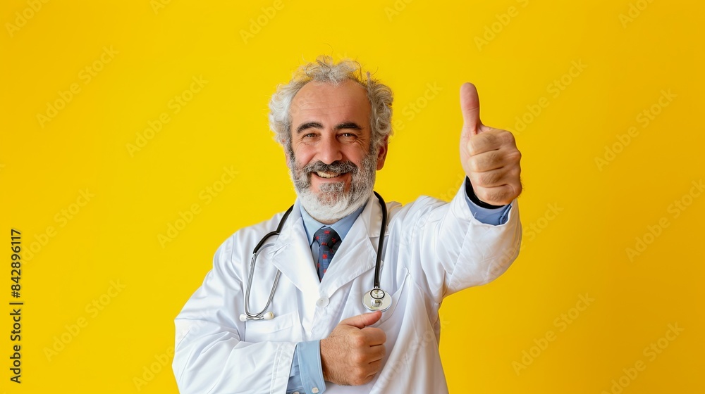 Experienced doctor in a white coat smiling on a yellow background, showing thumbs up Experienced doctor in a white coat smiling on a yellow background, showing thumbs up