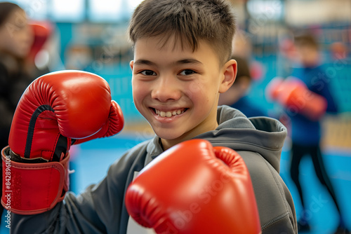 Smiling teenager boy  in red boxing or kickboxing gloves during a lesson at a children's sports school. Generative AI. photo