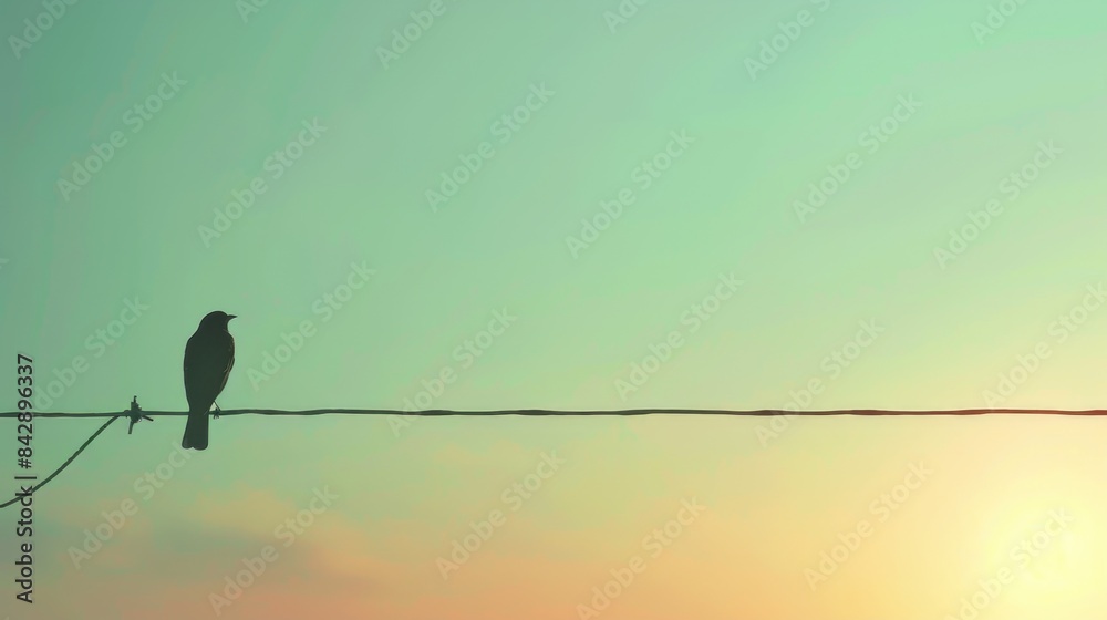 Solitary Bird Perched on Wire at Sunset Solitary Bird Perched on Wire at Sunset