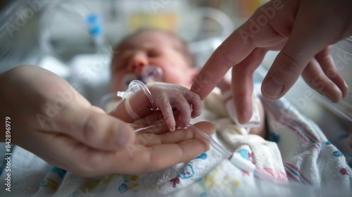 A tender moment of a newborn in an incubator, with tiny hands being gently held by adult fingers, conveying care and connection in a neonatal intensive care unit. photo