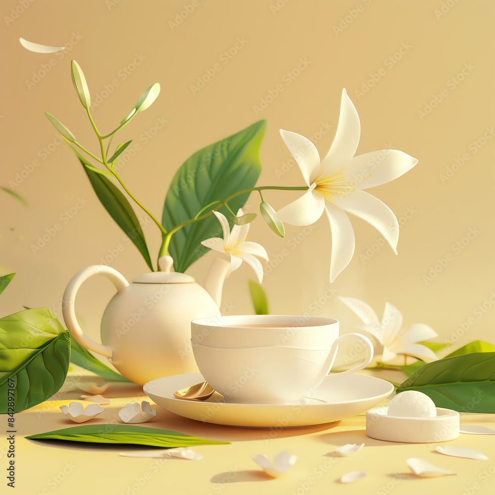 Floral tea leaves and cup flat design, front view, zen theme, 3D render, vivid Floral tea leaves and cup flat design, front view, zen theme, 3D render, vivid