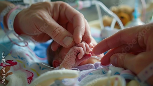 A close-up of a premature baby's hand in an incubator, being touched by caring hands, highlighting the delicate nature of neonatal care in a hospital setting.