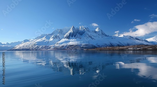 A tranquil fjord flanked by steep snowcapped peaks creating a serene contrast between earth and sky.