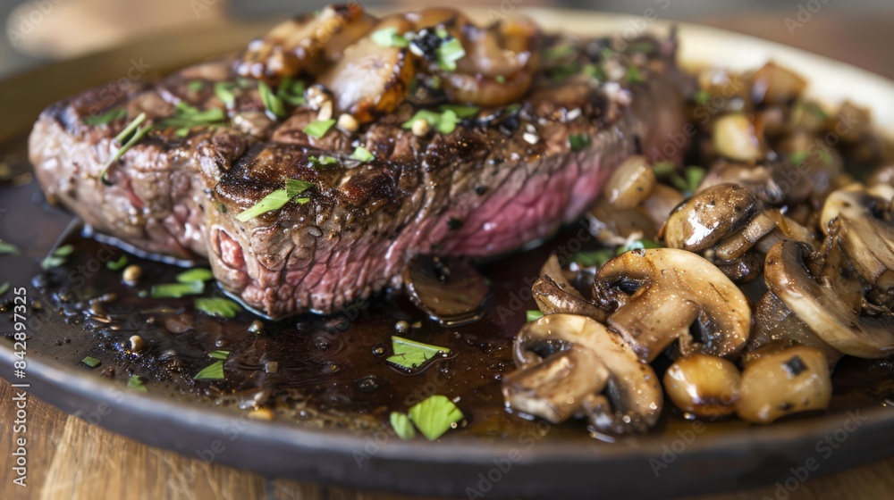 A New York strip steak is presented with a side of mushrooms and onions. A New York strip steak is presented with a side of mushrooms and onions.