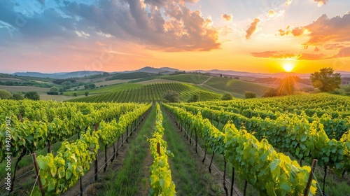 Wallpaper Mural A panoramic view of a vineyard at sunset, showcasing the vast, vibrant rows of vines under a glowing sky.
 Torontodigital.ca