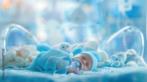 A newborn baby peacefully sleeping in an incubator, wrapped in a blue blanket, with a pacifier and breathing tubes, surrounded by soft toys, in a gentle hospital environment.