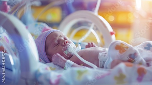 A newborn baby peacefully sleeping in an incubator, wrapped in a blue blanket, with a pacifier and breathing tubes, surrounded by soft toys, in a gentle hospital environment. photo