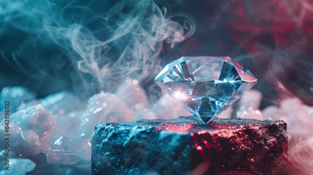 An imaginative depiction of a sparkling diamond amidst swirling pink smoke, creating a fantasy-like and enchanting visual. An imaginative depiction of a sparkling diamond amidst swirling pink smoke, creating a fantasy-like and enchanting visual.